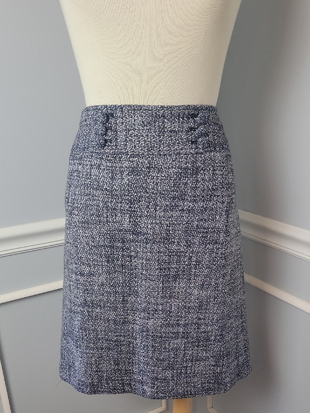 ANN TAYLOR Blue White Tweed Faux Button Nautical Career Straight Pencil Skirt 10